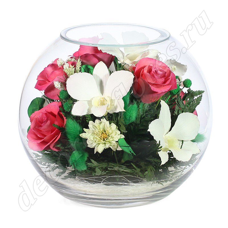 Стеклянная ваза шар с миксом цветов