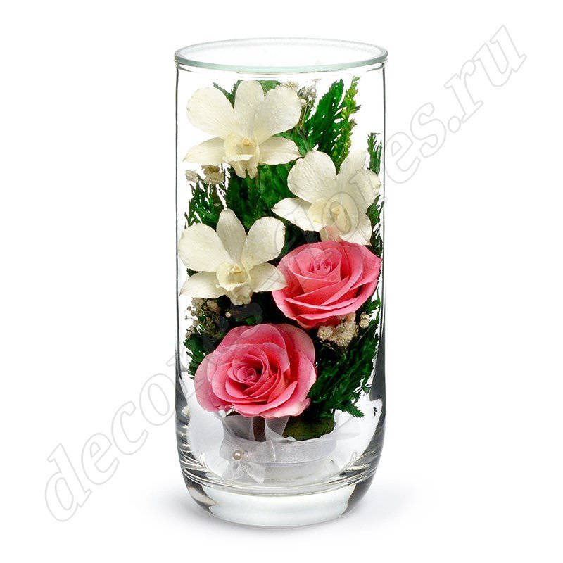 Розовые розы и белые орхидеи в цилиндре