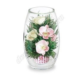 Овальная ваза с розами и орхидеями