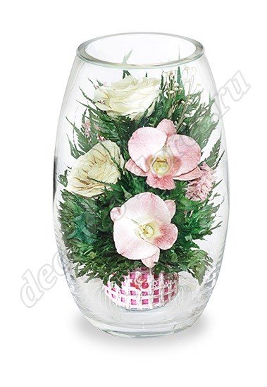 Овальная ваза с розами и орхидеями