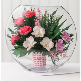 Микс цветов в плоской вазе