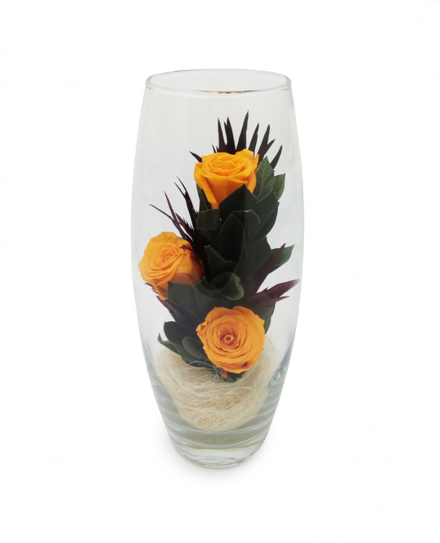3 оранжевые розы в декоративной вазе
