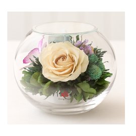 Микс роз и орхидей с гортензией в круглой вазе