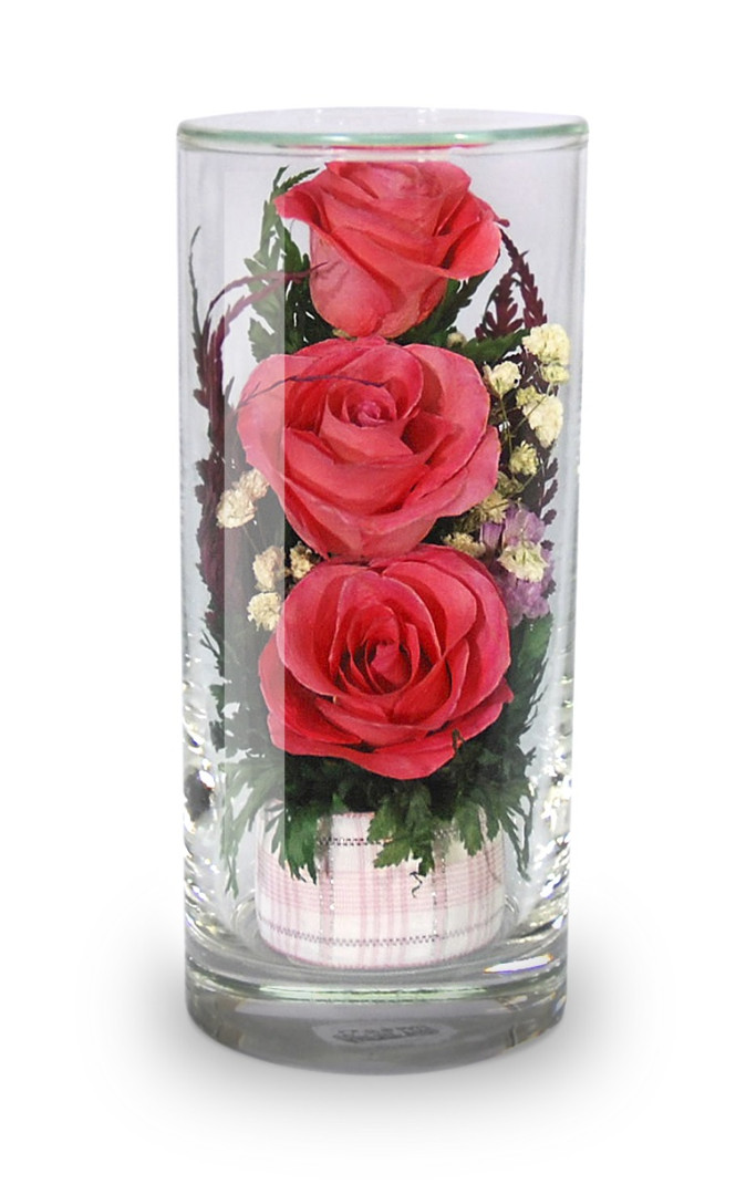 Ярко-розовые розы в цилиндре (Цветы в стекле)