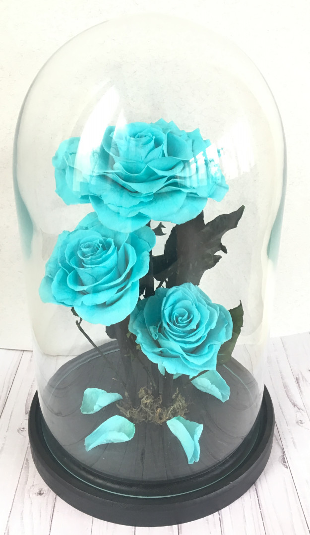 Тройная роза в колбе 27х14 см, голубая