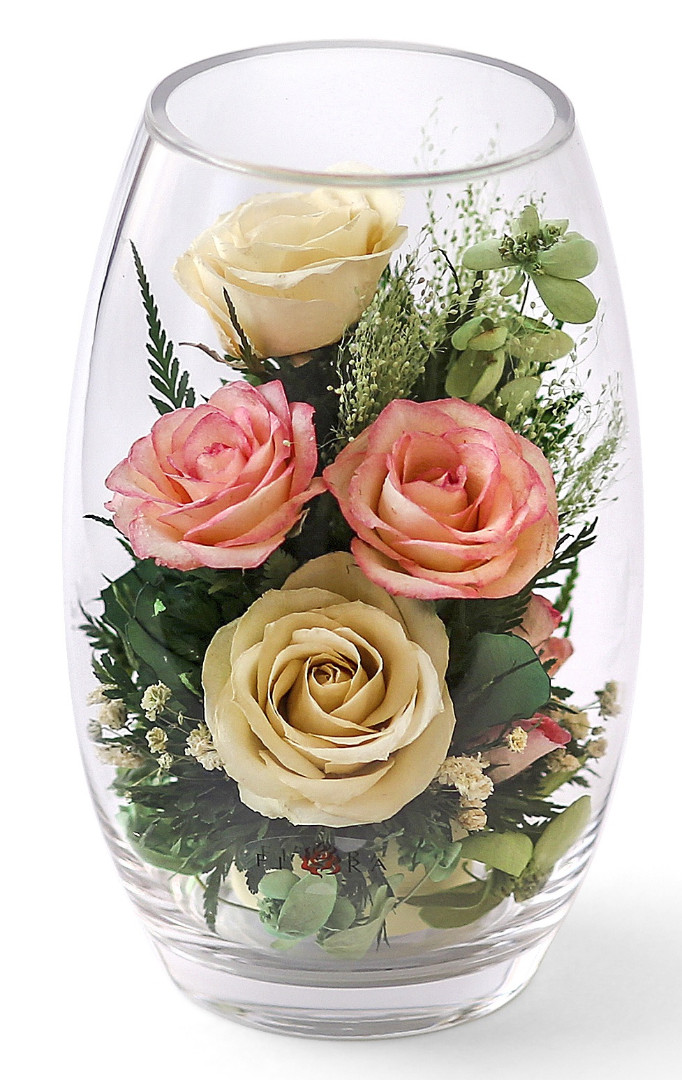 Разноцветные розы в овальной вазе (арт. 58646)
