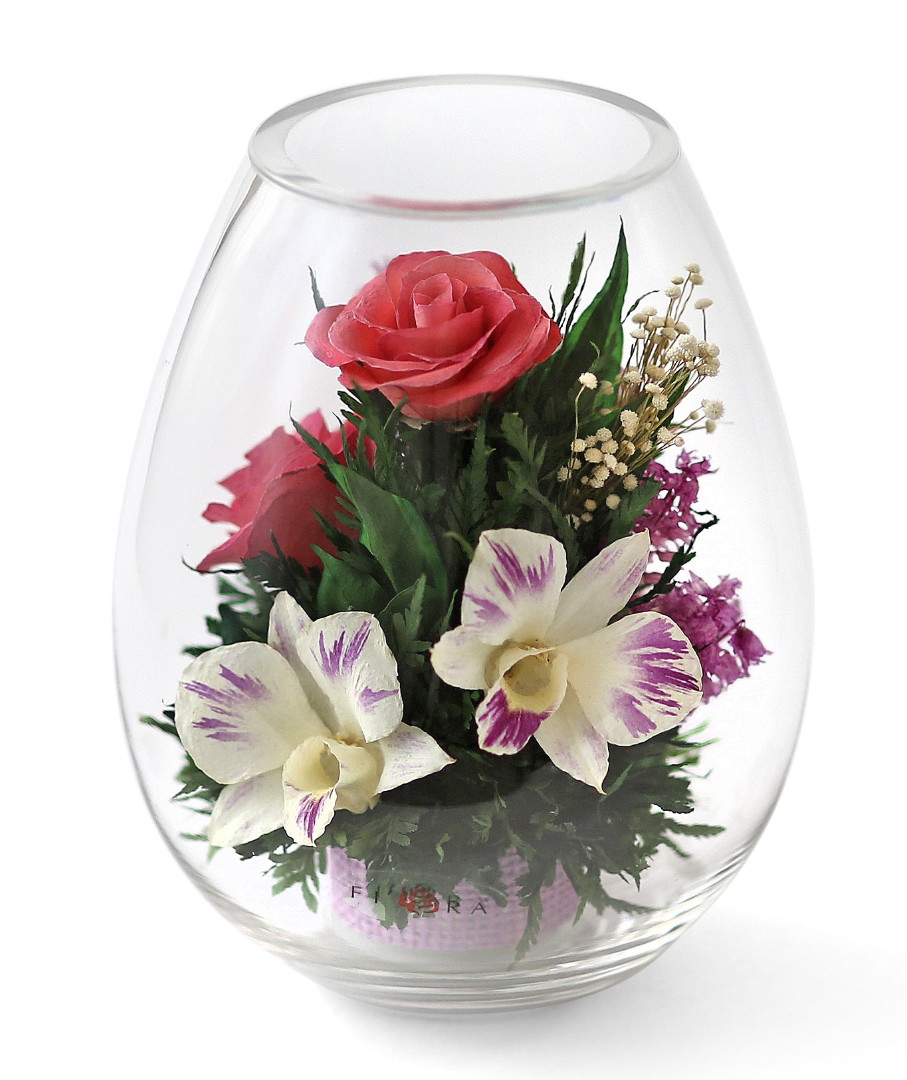 Микс роз и орхидей в каплевидной вазе (арт. 43635)