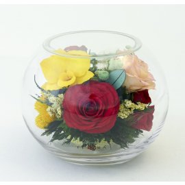 Микс роз и орхидей в средней круглой вазе (арт. 66221)