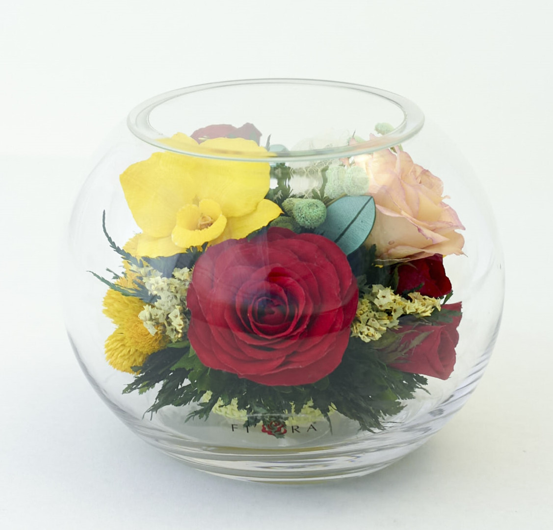 Микс роз и орхидей в средней круглой вазе (арт. 66221)